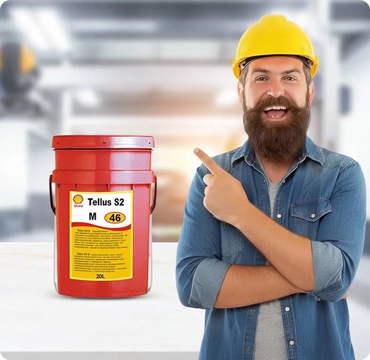 Man In A Yellow Helmet Pointing At A Red Shell Tellus S2 M 46 Oil Container. Man In A Yellow Helmet Pointing At A Red Shell Tellus S2 M 46 Oil Container.